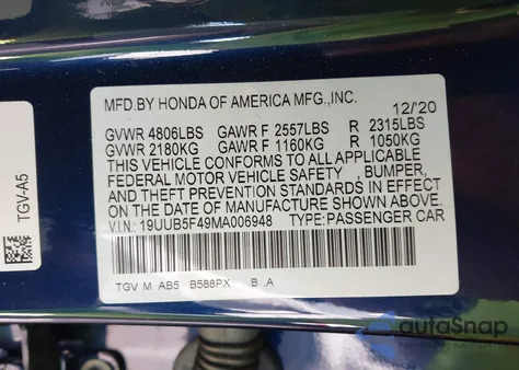 2021 Acura Tlx Technology Package z USA, uszkodzony, nr VIN 19UUB5F49MA006948